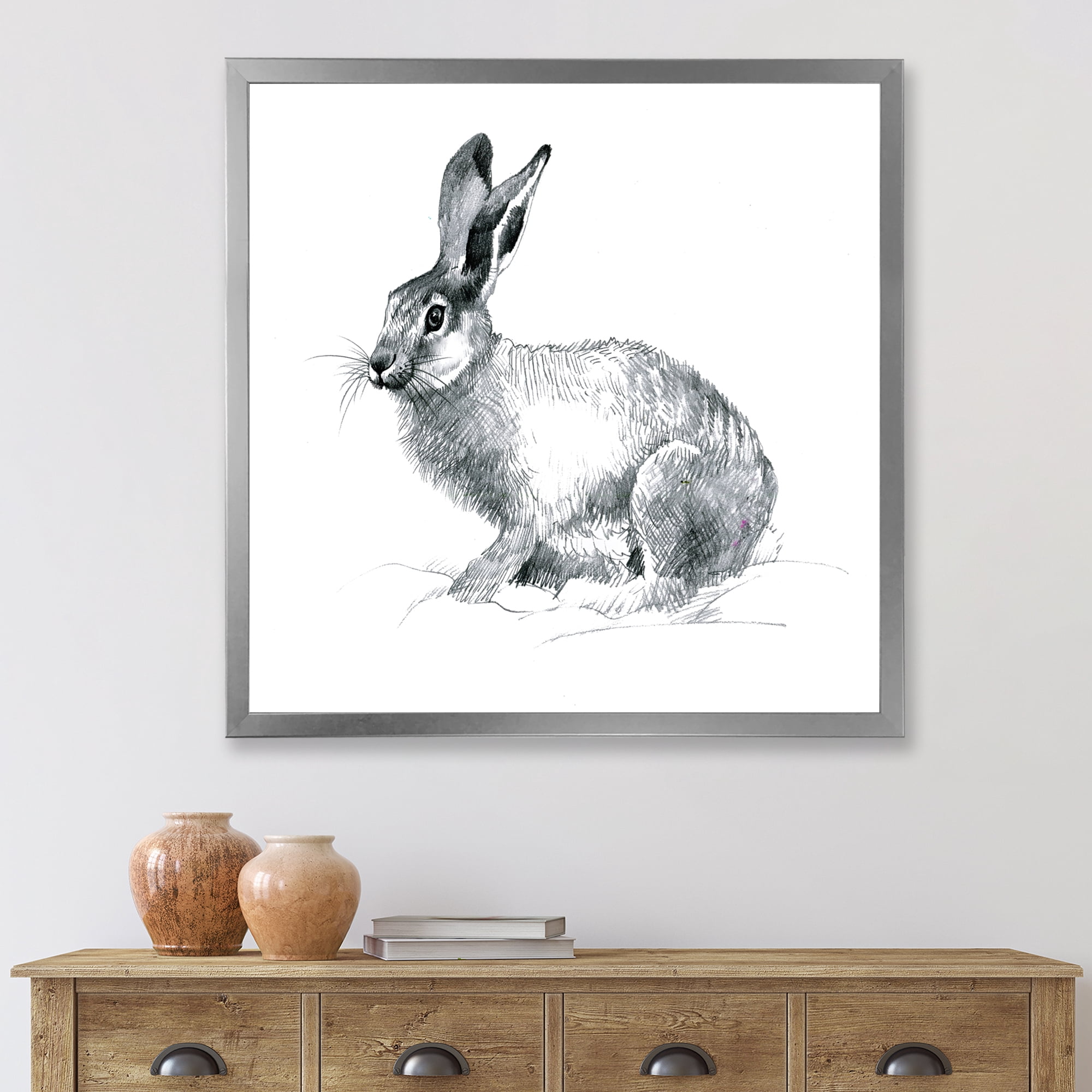 Designart 'Black and White Portrait Of Rabbit' Farmhouse Framed Art Print