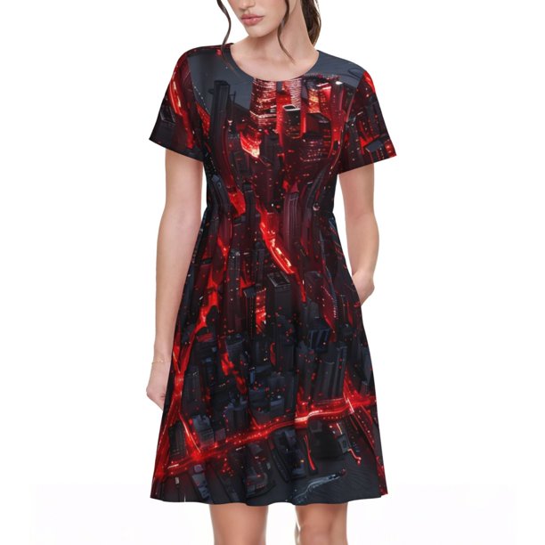 Balery Cyberpunk Cityscape Lights Vestidos sueltos de manga corta para mujer, vestidos de verano 2025, vestidos casuales de corte A con vuelo.