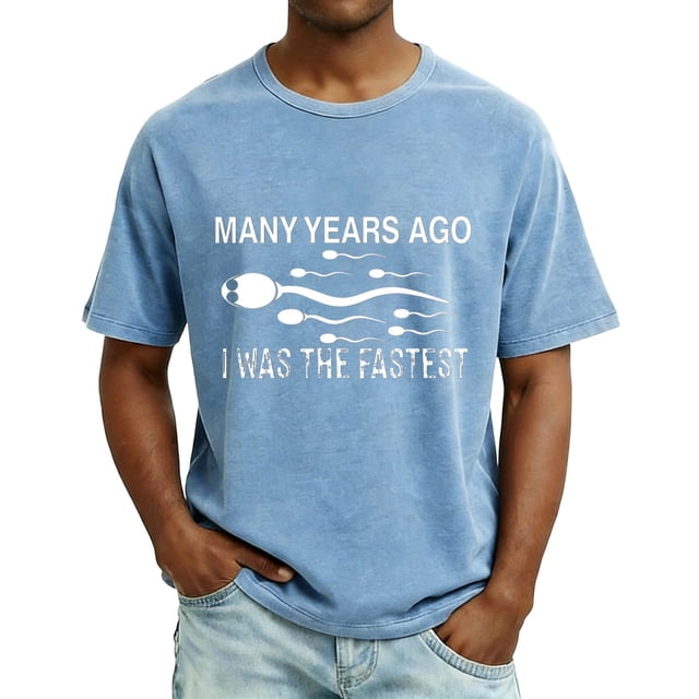 Ceisia Humorous Sperm Race Slogan Washed T-Shirt Men's Relaxed Fit Short Sleeve Casual Pullover Top Blue L Gifts