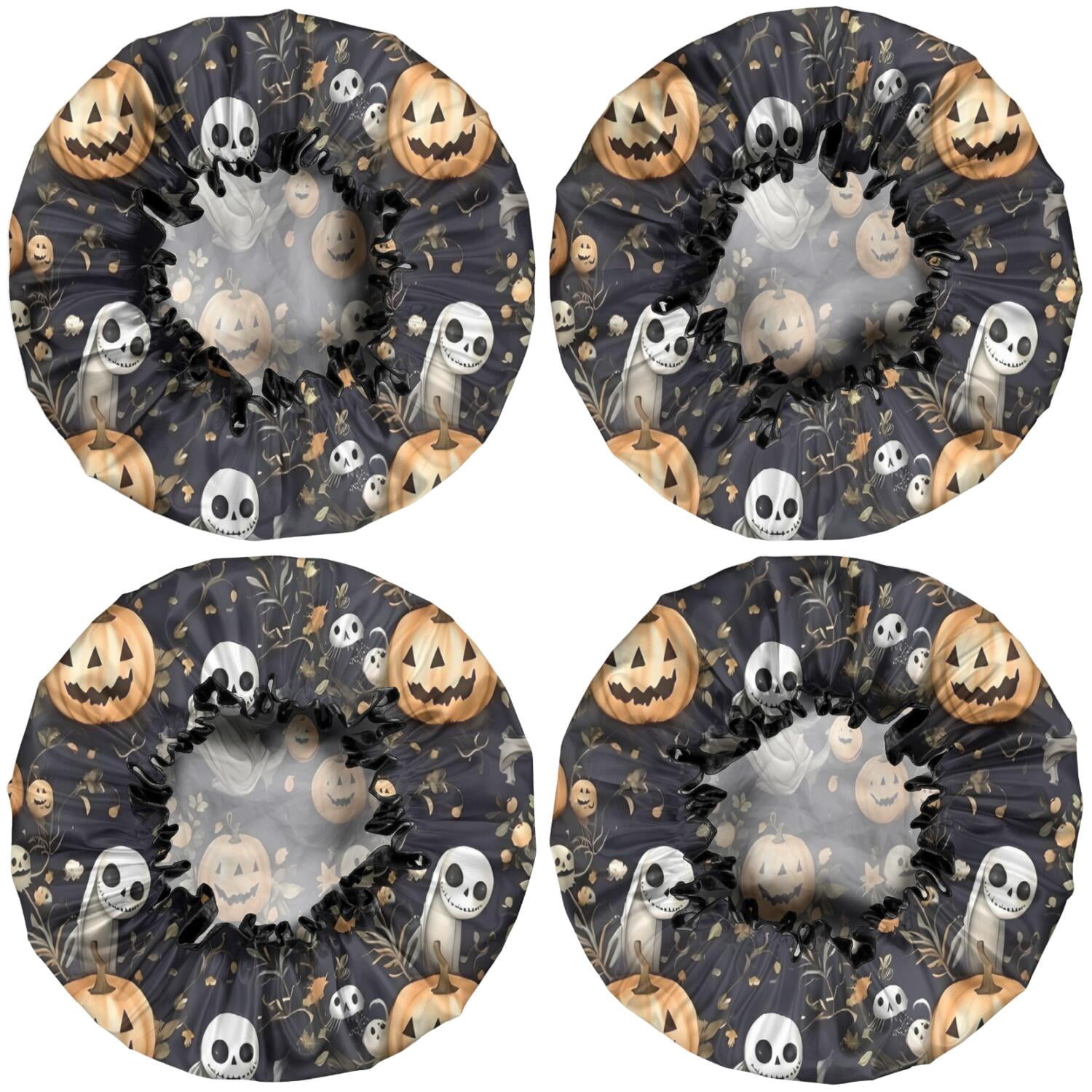 Shower Caps,Nightmare Before Christmas Halloween Pattern Waterproof Shower Cap for Women 4 Pieces,Double Reusable Hair Cover for Shower PEVA Elastic Stretch Hem