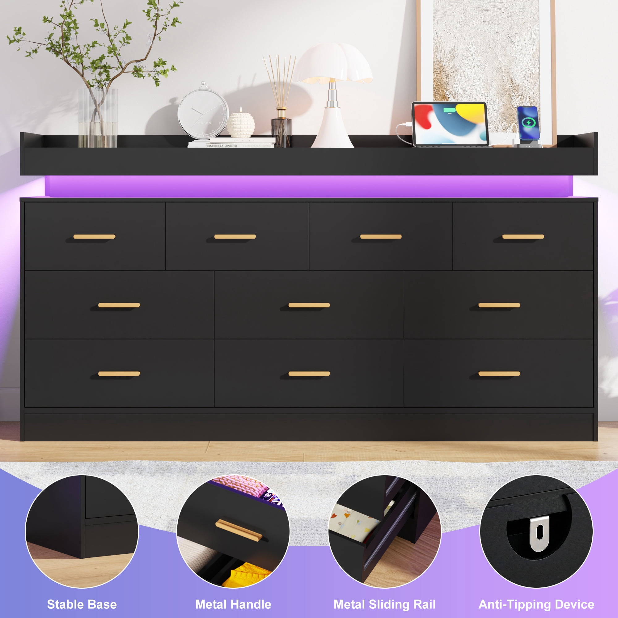 ChVans Black Dresser with Charging Station and LED Lights, Modern Chest of Drawers for Closet, 10 drawer dresser for Bedroom, Living Room, Entryway, Hallway