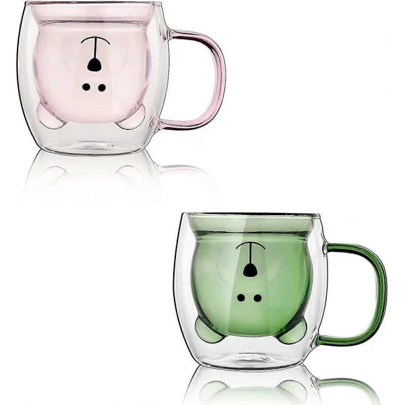 (pink green)2Pcs Cute Bear Mug Cute Bear Tea Cup Double Glass Milk Cup Mug With Handle Insulation