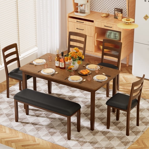 Furmax 6-Piece  Solid Wood Dining Table Set with 4 Chairs & 1 Bench, 58"  Durable Table for 4-6 People, Perfect for Family Kitchen/Dining Room/Restaurant with PU For Softness, Black and Brown