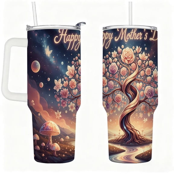 Stainless Steel Insulated Tumbler with Handle, Lid and Straw, Floral Tree “Happy Mother’s Day” Design, Double-Wall Hot & Cold Travel Cup, Gift for Mom