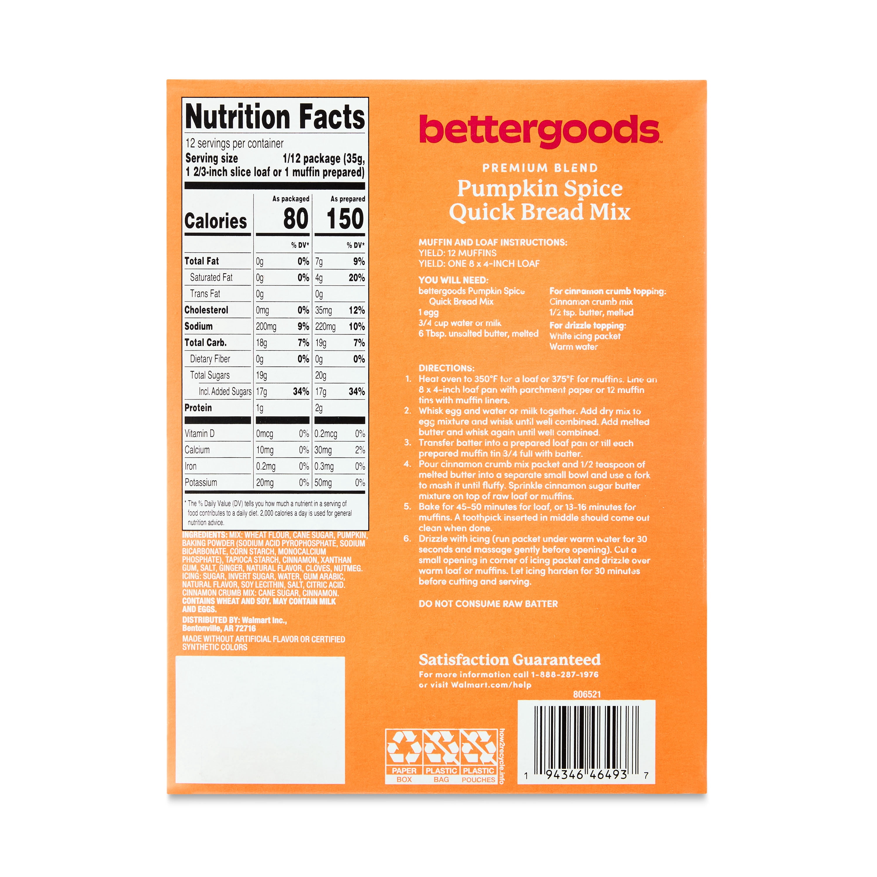 bettergoods Pumpkin Spice Quick Bread Mix with Crumble & Icing, 15 oz