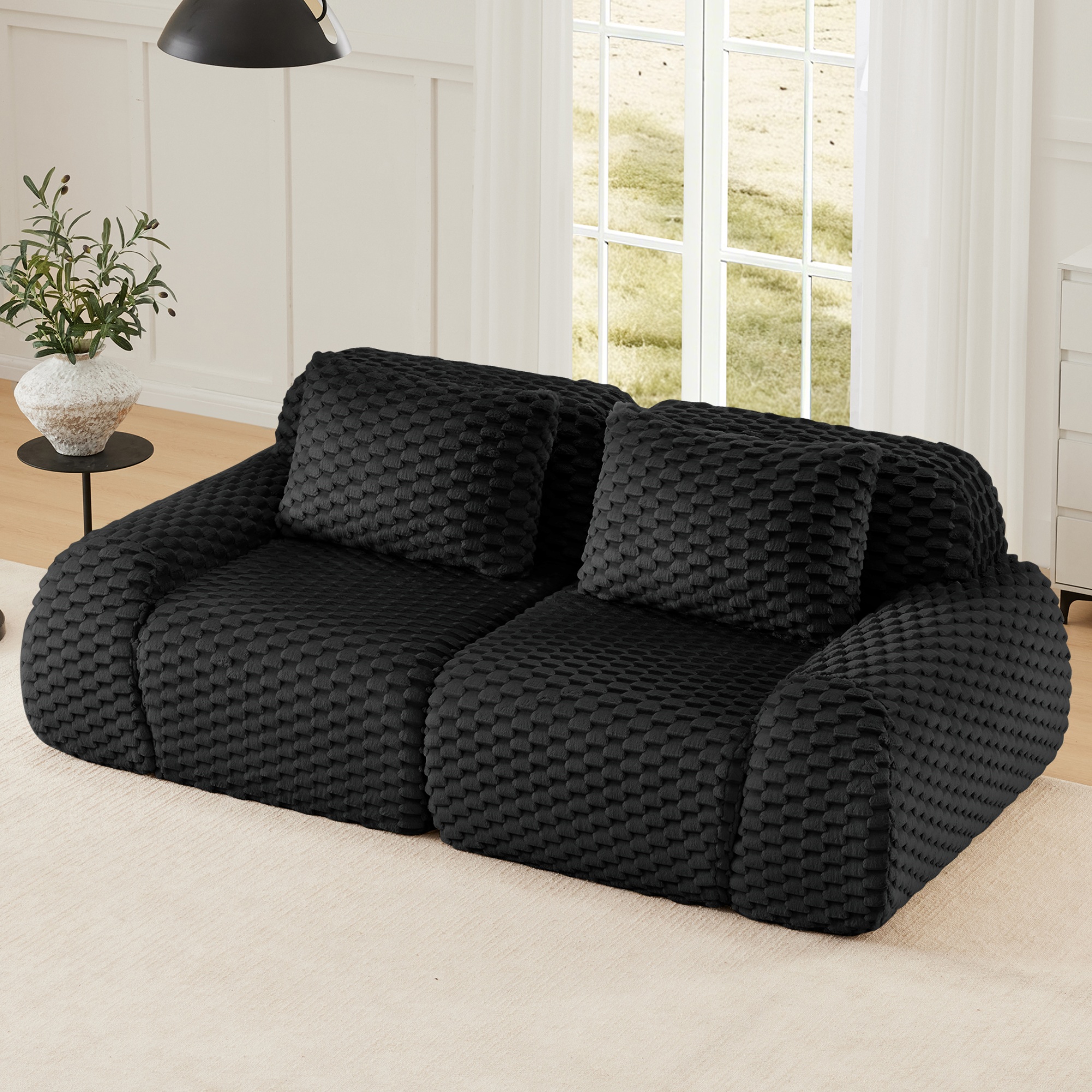 Aukfa 82" Modern Modular Cloud Sofa, Oversized Flannelette 2-Seater Couch with 29" Deep Seat & Two Pillows, No Assembly, Black