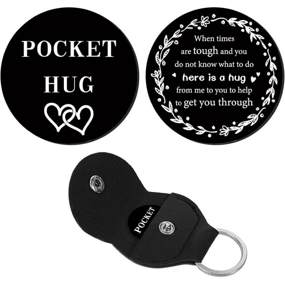 1set Pocket Hug Token Bulk Long Distance Relationship Keepsake Stainless Steel Double Sided Inspirational with Leather Key Chain Inspirational Gift for Boyfriend Girlfriend Brother Men 3x3cm Black