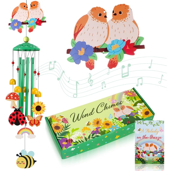 topjuju 35 Inch Metal Wind Chimes for Outdoor Garden Patio, Birthday Mother’s Day Gift for Mom Grandma, Waterproof Rustproof Windchime with Soothing Melody, Spring Sparrows Bees Decor