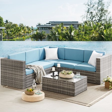 Art Leon 5 Pieces Outdoor Conversation Set,Rattan Wicker Dining Sectional Set,with Glass Table and Cushion for Gardon,Blue