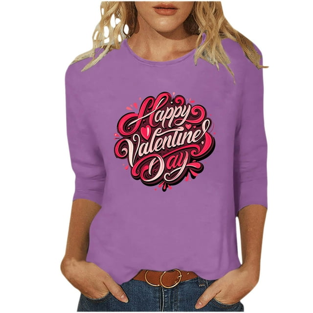 FMFYFH Hauts de la Saint-Valentin à Manches 3/4 pour Femmes, T-Shirts à Col Rond, Tunique Ample Décontractée