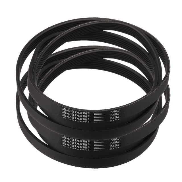 2 Pack 540J6 PJ V-Ribbed Belt with 6 ribs, measuring 54 inches in length, 0.55 inches in width, and 0.14 inches in height. Made of durable EPDM rubber, these automotive replacement belts feature high-temperature resistance, oil resistance, and wear resistance. Ideal for power transmission in industrial machinery, appliances, and power tools, such as compressors, pumps, drills, and saws. The belts are black with visible ribbing and branding details.