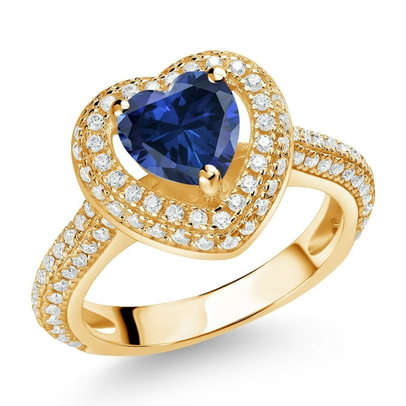Gem Stone King 18K Yellow Gold Plated Silver Blue Created Sapphire and White Moissanite Heart Shape Ring for Women (1.42 Cttw, Size 9)