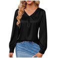 thumbnail image 2 of hxobax Womens Pleated V Neck Work Shirts Casual Long Sleeve Button Blouses Comfy Business Shirt Tops, 2 of 6
