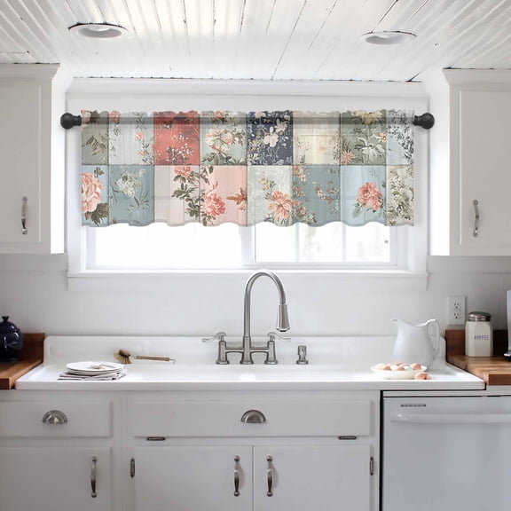 Spring Floral Valance Curtains for Kitchen/Living Room/Bathroom/Bedroom Window, Elegant Summer Botanical Farmhouse Plaid Rod Pocket Small Topper Half Short Window Curtains Voile Sheer Scarf 42"x18"