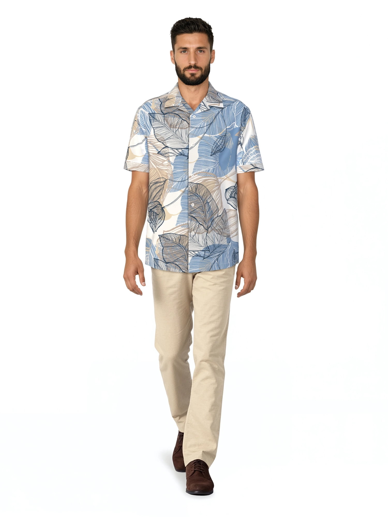 Havanera Men's and Big Men's Tropical Allover Short Sleeve Printed Button-Down Shirt with Texture, Sizes S-5XL