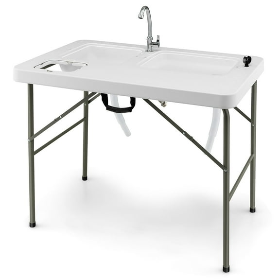 Gymax Folding Fish Cleaning Table w/ 2 Built-in Sinks & 360° Rotatable Faucet