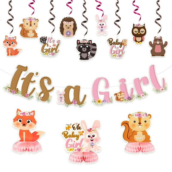GROBRO7 It's A Girl Animal Baby Girl Birthday Party Decorations Set Cute Animal Ornaments Honeycomb Spirals Kit Centerpiece Table Decor, Pink
