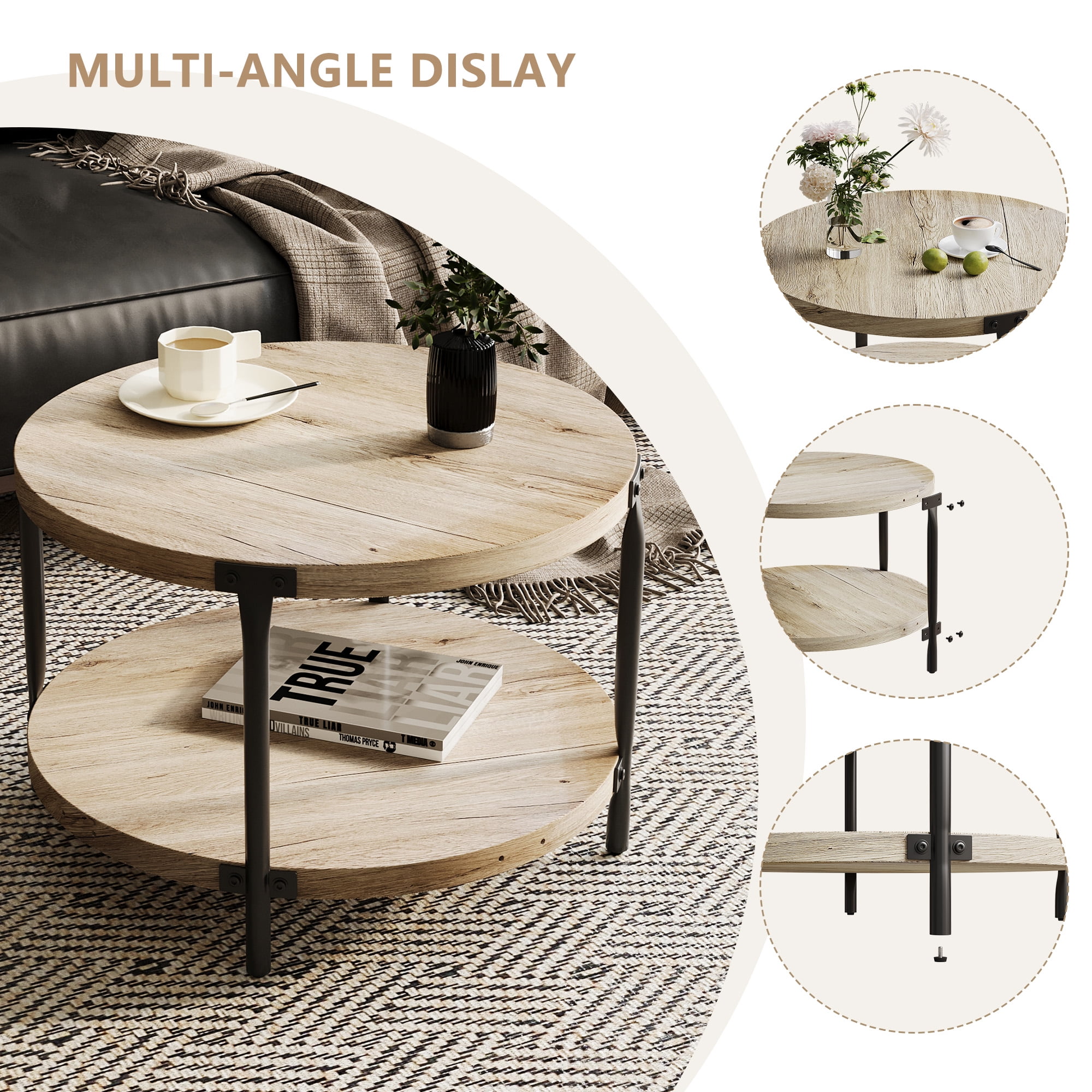 Modern Minimalist Round Coffee Table 29.61" MDF Double Layer Open Storage Easy Assembly for Living Room Study Room