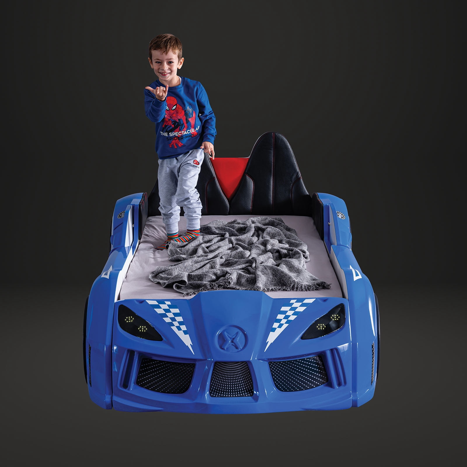 Twin Size Bed Race Car Design Modern Novelty Style Attached Two Magnetic Doors With LED Lights On Wheels Bottom Upholstery HB Blue Finish