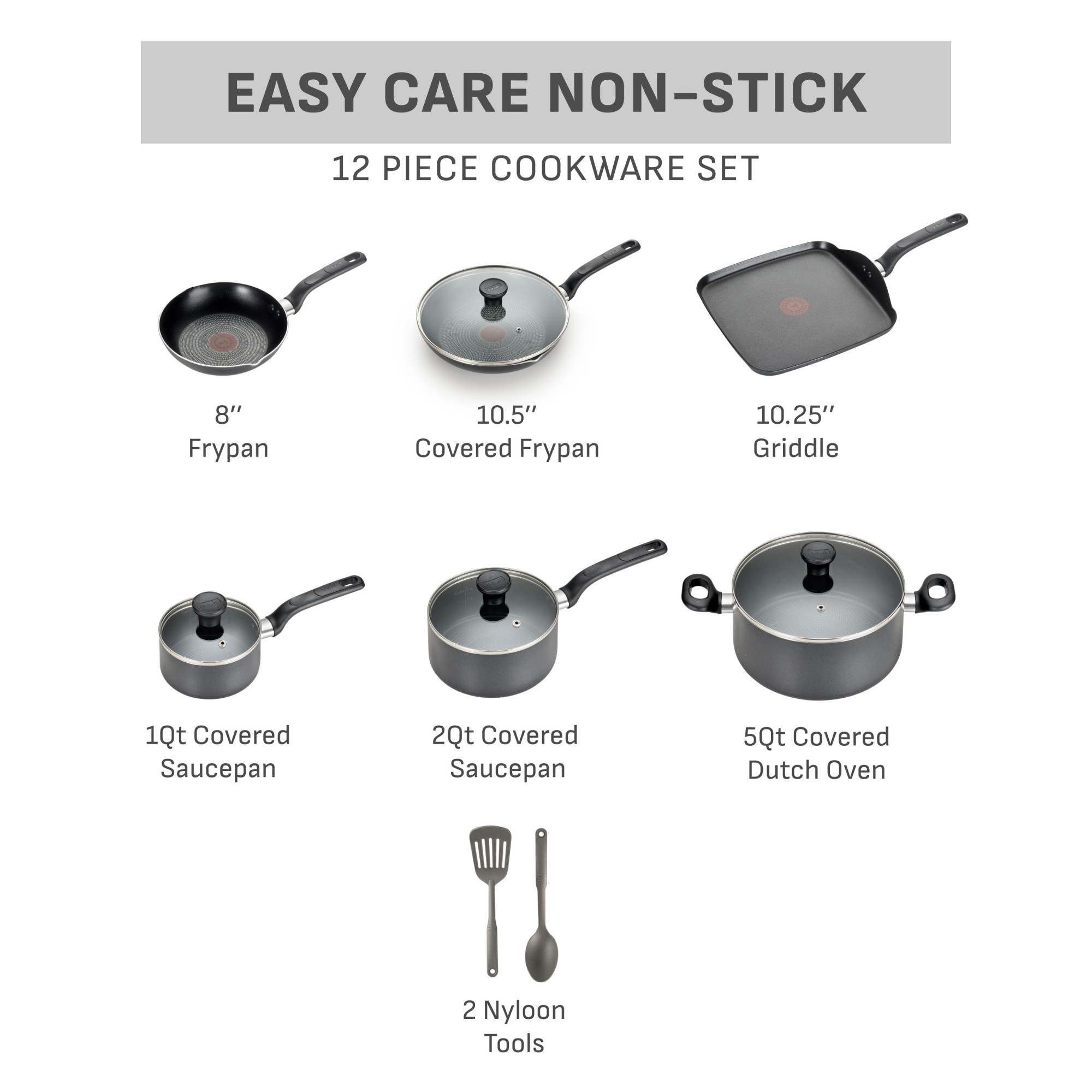 T-fal Easy Care 12-Piece Nonstick Cookware Set, Gray photo 2