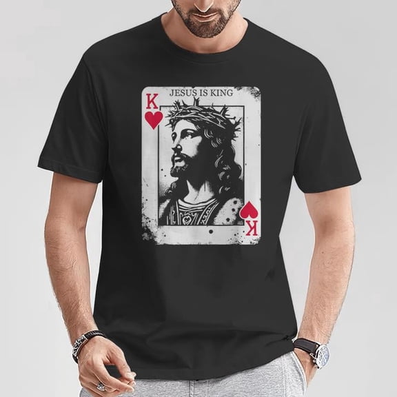 Men's Jesus Is King Graphic T-Shirt, Christian King of Hearts Card Design Tee, Religious Faith Shirt, Casual Short Sleeve