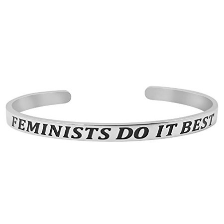 'Feminists Do It Best'' Inspirational Quote Bracelet Engraved Positive Sayings Message Mantra Cuff Bracelet (Silver