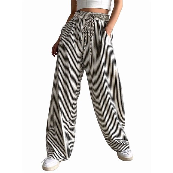 Women'S Striped Wide Leg Lounge Pants Knot Front High Waisted Baggy Pants Trousers Streetwear Black & White L