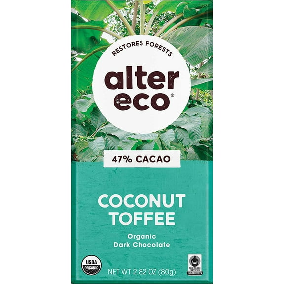 Pack of 12, Alter Eco Organic Dark Chocolate Bar Coconut Toffee, 2.82 oz