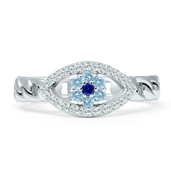 Cuban Chain Evil Eye Ring Cubic Zirconia & Blue CZ 925 Sterling Silver Size 5