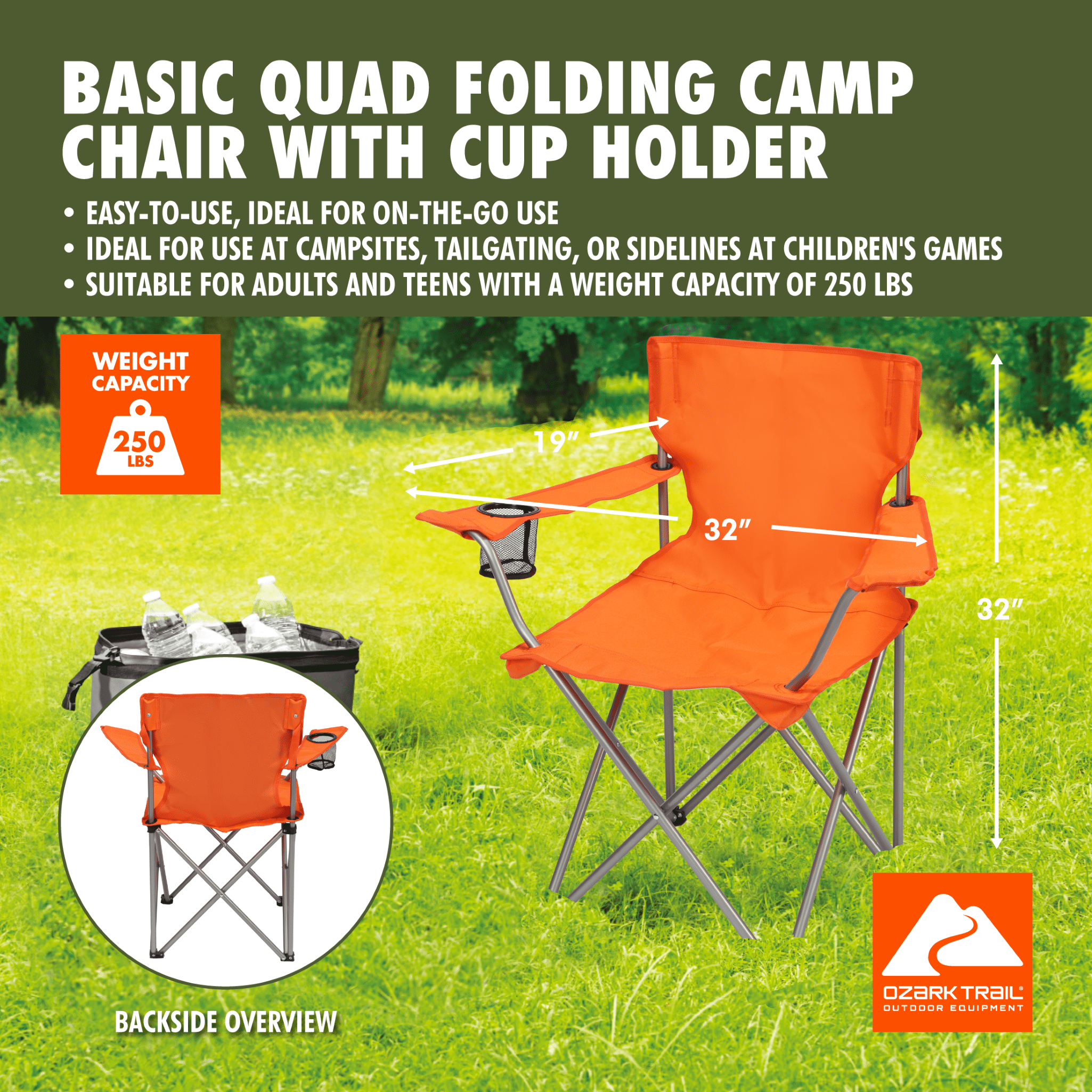 Ozark Trail Quad Folding Camp Chair with Cup Holder, Orange