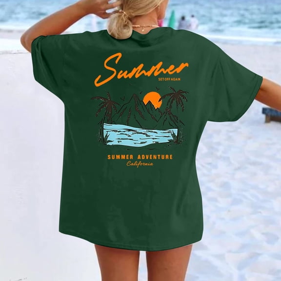 Womens Casual Summer T Shirts Short Sleeve Graphic Print Vacation Tees 2026 Crew Neck Lightweight Going Out Tops