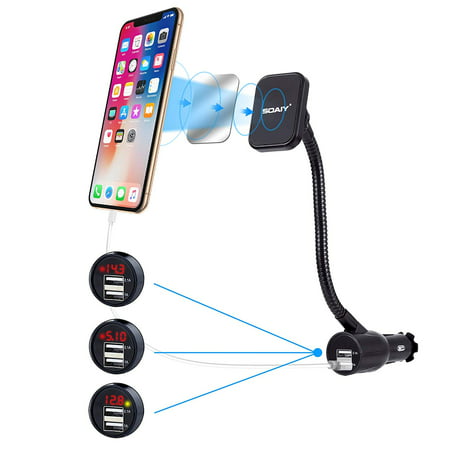 Magnetic Phone Mount, SOAIY 3-in-1 Cigarette Lighter Cell Phone Holder for Car + 2 USB Port Car Charger + Voltage Detector, for iPhone X 8 8 Plus 7 Samsung Galaxy S9 S8 S7 LG Nexus Sony Nokia and