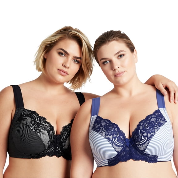 Curve Muse Women's Plus Size Unlined Underwire Lace Bra with Cushion Straps- GREY PRINT, NAVY PRINT- Size:34B