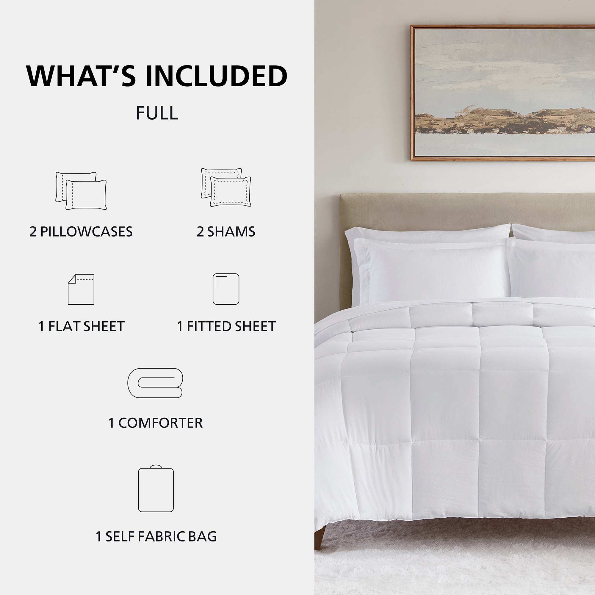 Mainstays All in One Down Alt Reversible Comforter and Sheet set- 7 Piece, Full, White