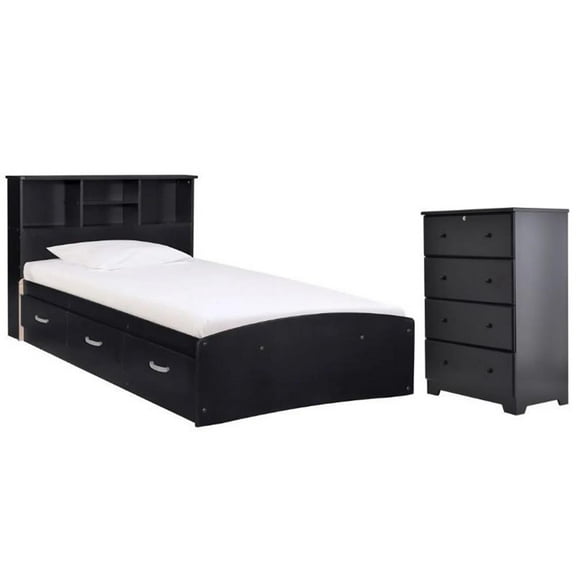 Home Square 2-Piece Set with Twin Captains Bed & 4-Drawer Chest Dresser in Black