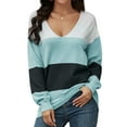 thumbnail image 1 of Women Striped Print Color Block Deep V Neck Long Sleeve Knitted Shirt, 1 of 5