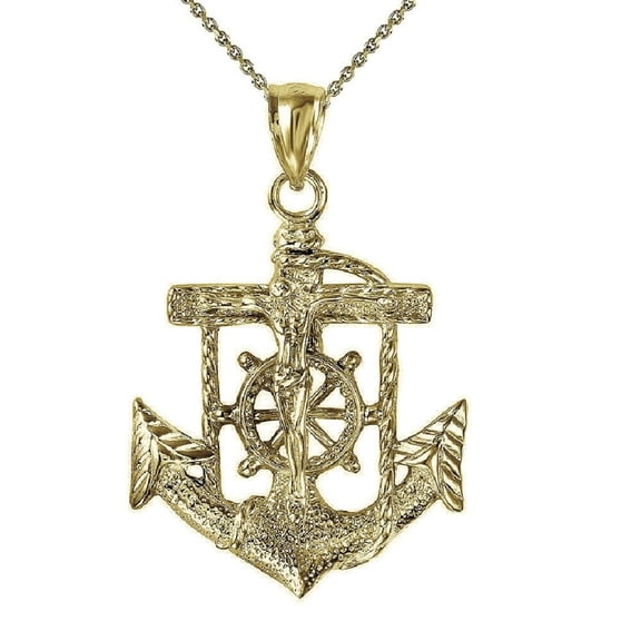 925 Sterling Silver Yellow Gold Plated 1mm Cable Chain Necklace w/ Mariners Anchor Crucifix Cross Pendant