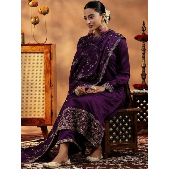 Women's Burgundy Embroidered Kurta Set with Palazzos & Dupatta (S to 2XL) – 3-Piece Ethnic Suit with Beads & Stone Work for Party, Festive Wear & Gifting