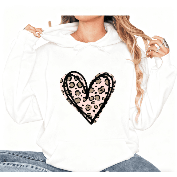 White Valentine's Day Pink Leopard Heart Design Print hoodie Sweatshirt Graphic Sweatshirt S-2XL Fashionable Tops