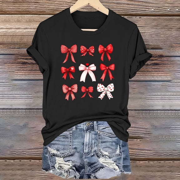 ICHUANYI Valentine's Prints Bow Shirt for Women Graphic Tees Short Sleeve Tee Top Round Neck Short Sleeved T-shirt Top