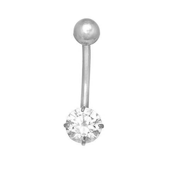 JewelStop 14k Solid Gold White Belly Button Round CZ Navel Ring Body Jewelry, 1.1gr.