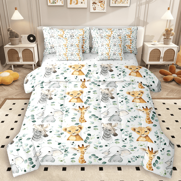 Manfei Cute Giraffe Lion Twin Bedding Sets 7pcs, Kawaii Zebra Elephant Bedding Comforter Set, Watercolor Eucalyptus Leaves Sheet Sets, Luxury Bedroom Decor