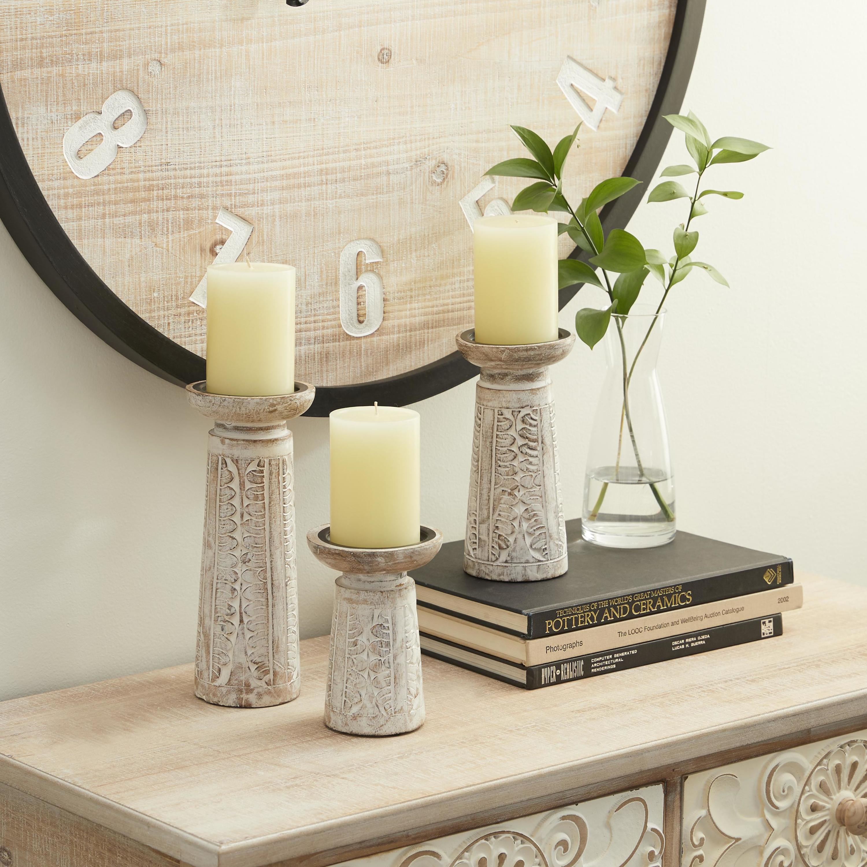 DecMode 3 Candle White Wood Handmade Floral Intricate Carved Pillar Candle Holder, Set of 3
