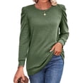 thumbnail image 2 of Top de manga larga con hombros plisados, cuello redondo, color puro, corte holgado, jersey informal para mujer para otoño invierno, verde M, 2 of 6