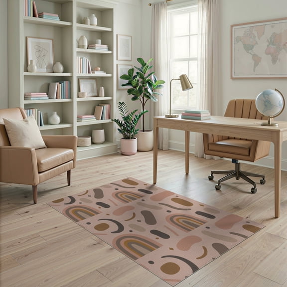 ODIKA 4'x6' Blush Pink Rainbow Abstract Geometric Washable Area Rug Contemporary Bohemian Style With Curved Arches Shapes Diamond Non-Slip, Chair-Friendly, Flatwoven for Home Office, Under Desk