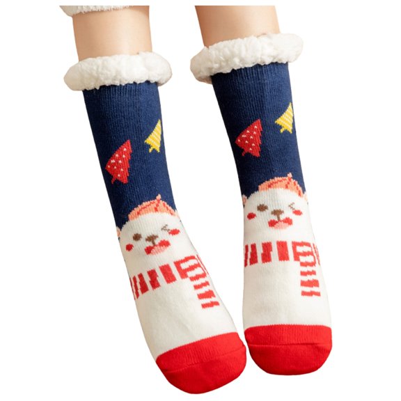 Adult Slipper Socks Christmas Women Men Cute Graphic Thermal Cozy Snow Socks With Grippers Mid Tube Warm Fleece Lined Home Socks Winter Fashion Gift,Dark Blue