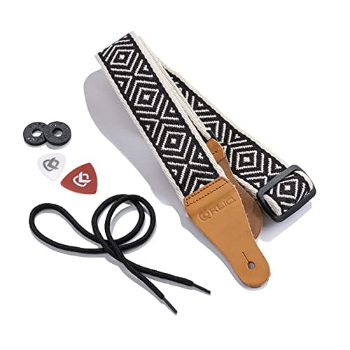 KLIQ Vintage Woven Guitar Strap for Acoustic and Electric Guitars | '60s Jacquard Weave Hootenanny Style | 2 Rubber Strap Locks Included (Woven, Black Izod)