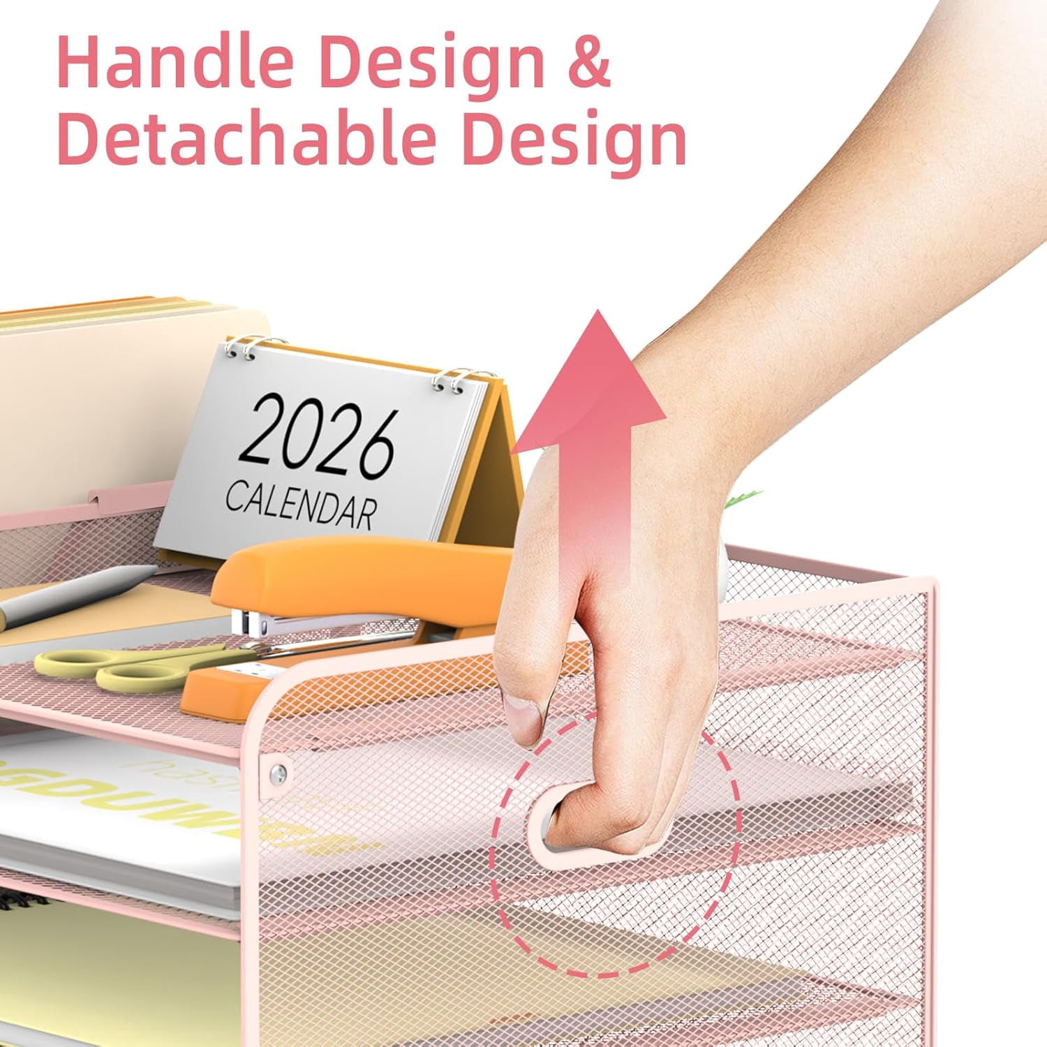 INTIGE 5-Tier Metal Mesh Desk Document Organizer with File Holder, Pen Holder and Drawer, Pink