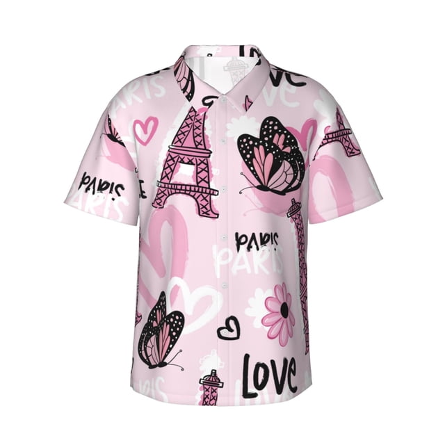 Fotbe Eiffel Tower and Butterflies Camisa Hawaiana para Hombre Unisex – Camisa Casual de Verano con Botones de Manga Corta de Algodón y Lino,Small