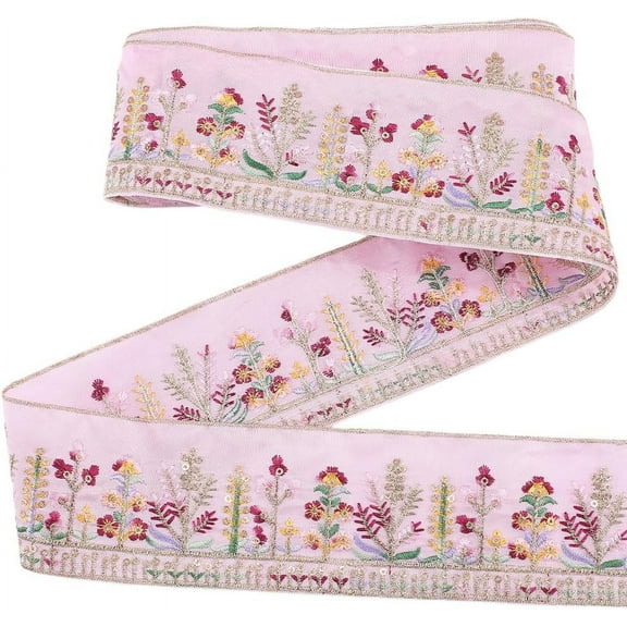 1 Set 2.5 Inch Pink Embroidered Ribbon Floral Jacquard Trim Tape Vintage Boho Embroidery Woven Fabric Ribbons Flower Applique Bulk for Sewing Making Crafts Wedding Bouquet Clothes Decor Supply